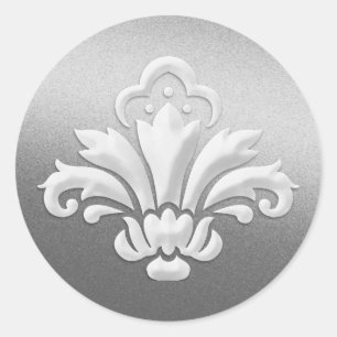 White Damask Design on Silver Shimmer Classic Round Sticker