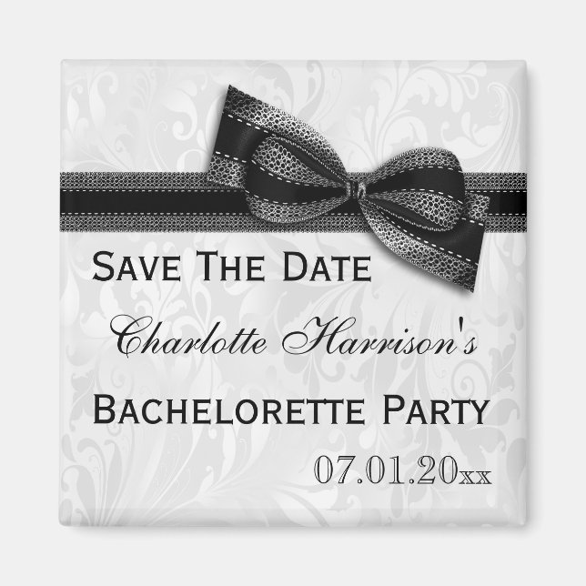 White Damask & Faux Bow Bachelorette Save The Date Magnet (Front)
