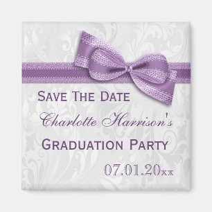 White Damask & Faux Bow Graduation Save The Date Magnet
