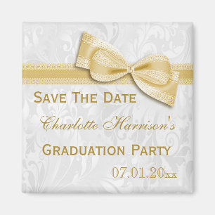 White Damask & Faux Bow Graduation Save The Date Magnet