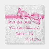 White Damask & Faux Bow Sweet 16 Save The Date