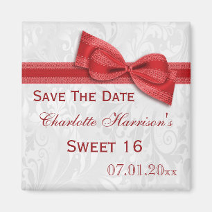 White Damask & Faux Bow Sweet 16 Save The Date Magnet