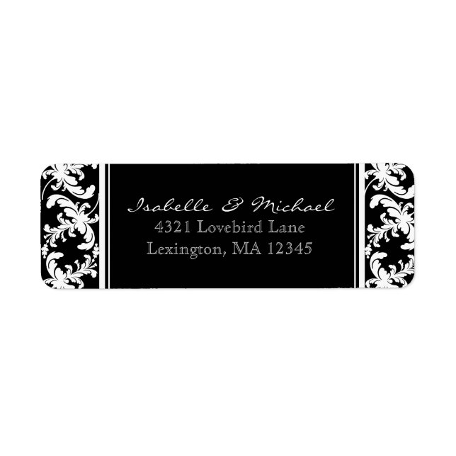 White Damask Floral Black Couples Address Labels (Front)