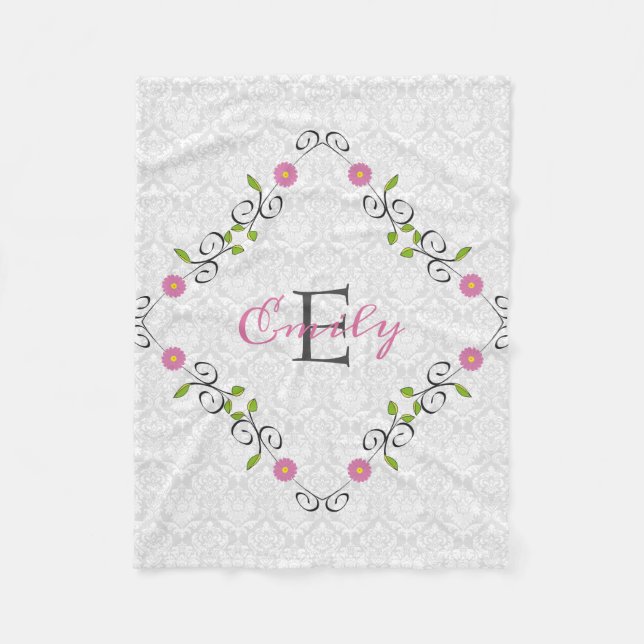 White Damask Floral Frame Fleece Blanket (Front)