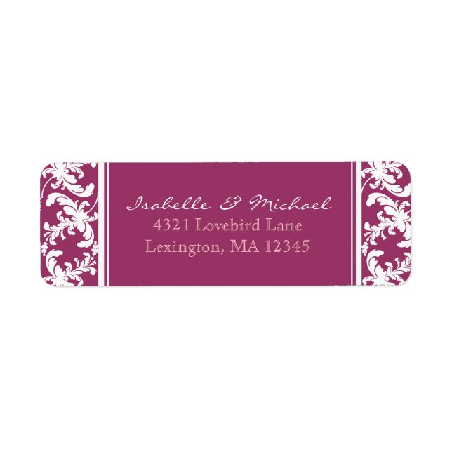 White Damask Floral on Wine Couples Address Labels (Front)