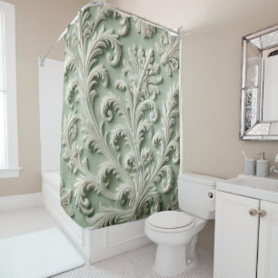White Damask Floral Pattern Soft Green Background Shower Curtain