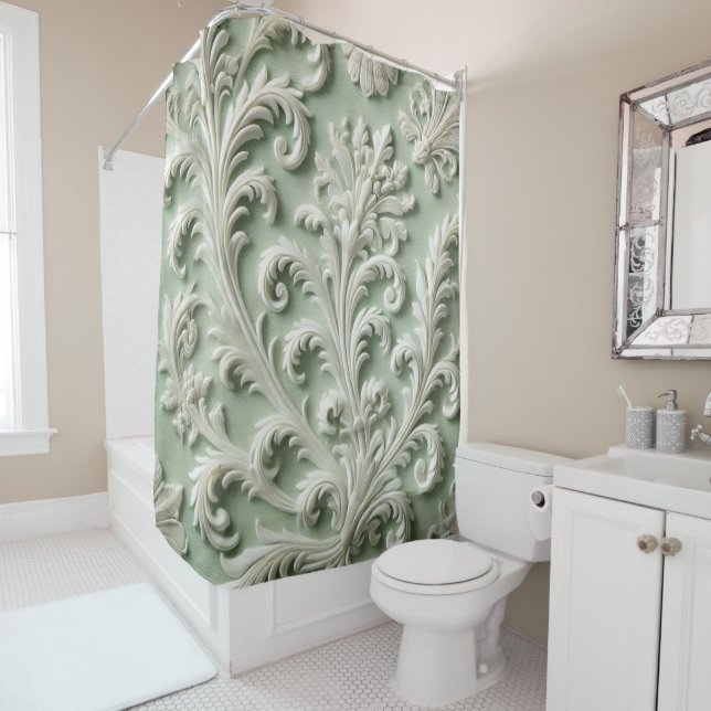 White Damask Floral Pattern Soft Green Background  Shower Curtain (In Situ)