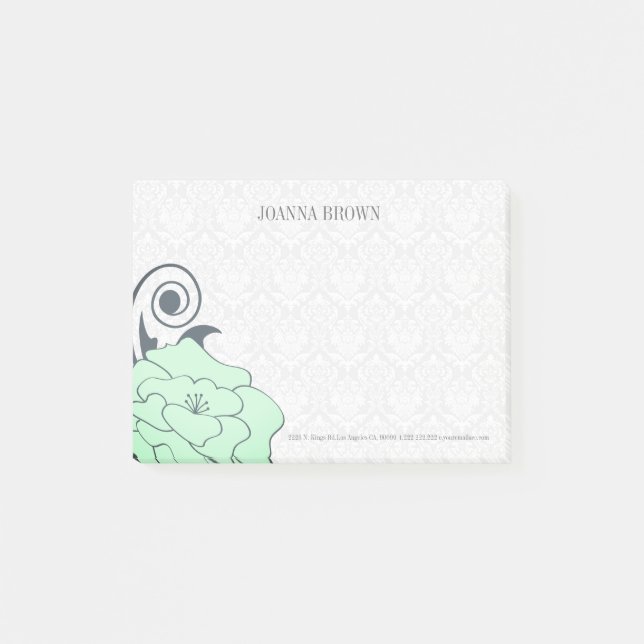 White Damask Green Flower Post-it Notes (Front)