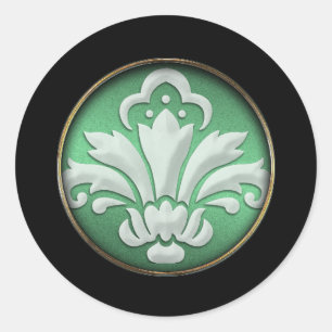 White Damask Green Shimmer Black Border Classic Round Sticker