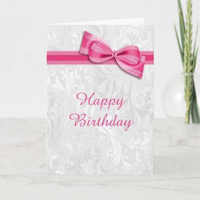 White Damask & Hot Pink Faux Bow Female Birthday Card (Front)
