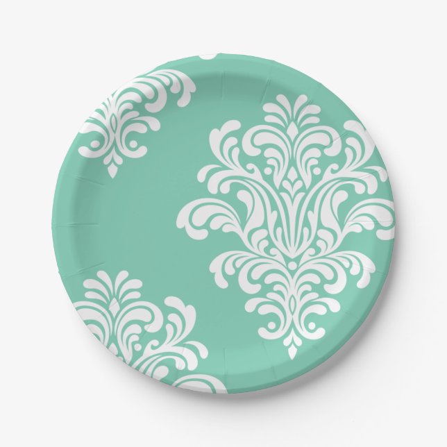 White Damask on Aqua Pattern Paper Plate (Front)