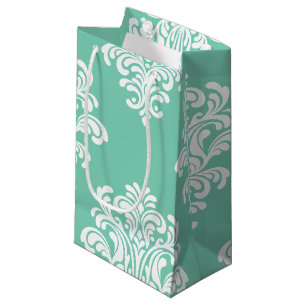 White Damask on Aqua Pattern Small Gift Bag