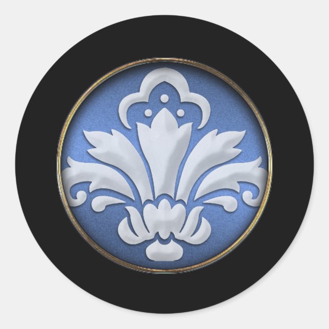 White Damask on Blue Shimmer  Black Border Classic Round Sticker (Front)