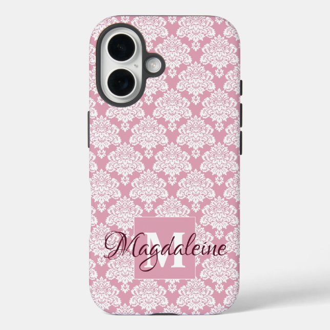 White Damask on Dusty Rose Monogram & Name Pretty Case-Mate iPhone Case (Back)