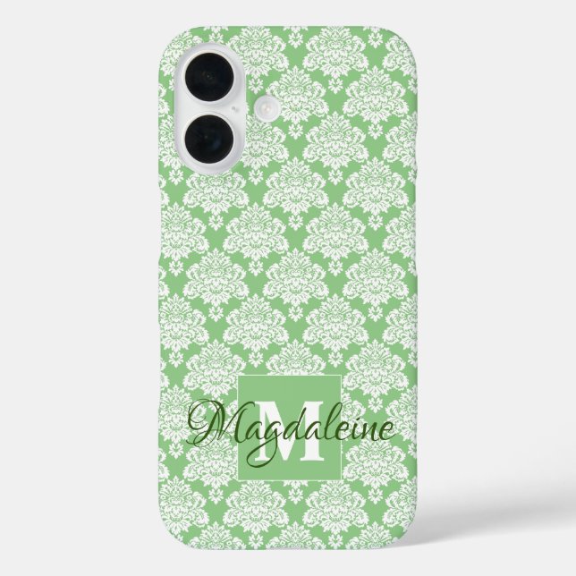 White Damask on Green Monogram & Name Pretty Case-Mate iPhone Case (Back)