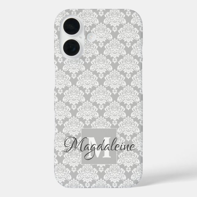 White Damask on Grey Monogram & Name Pretty Case-Mate iPhone Case (Back)