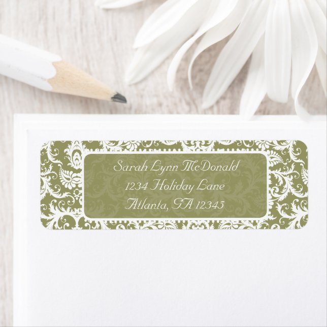 White Damask on Olive Green Grey Return Address (Insitu)