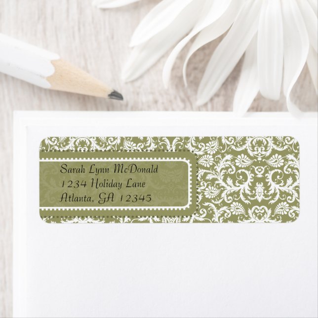 White Damask on Olive Green Grey Return Address (Insitu)