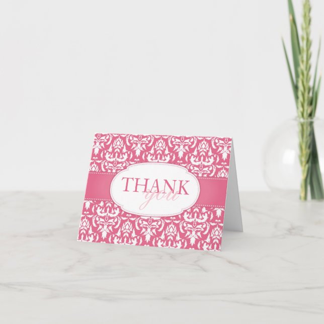 White Damask on Pink Blank Wedding Thank You Card (Front)