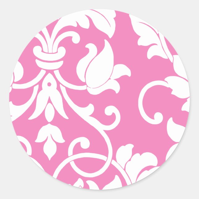 White Damask on Pink Classic Round Sticker (Front)