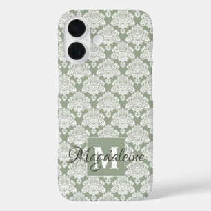 White Damask on Sage Green Monogram & Name Pretty iPhone 16 Case