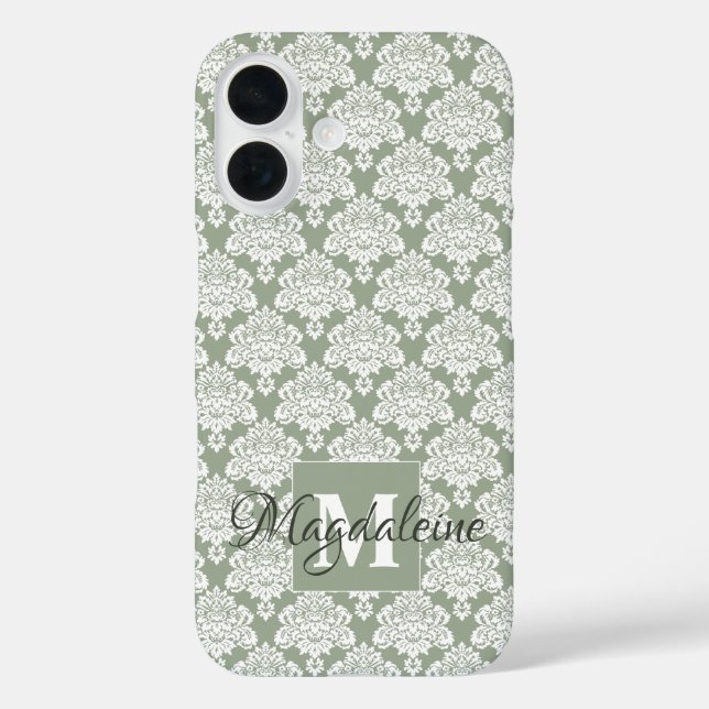 White Damask on Sage Green Monogram & Name Pretty Case-Mate iPhone Case (Back)