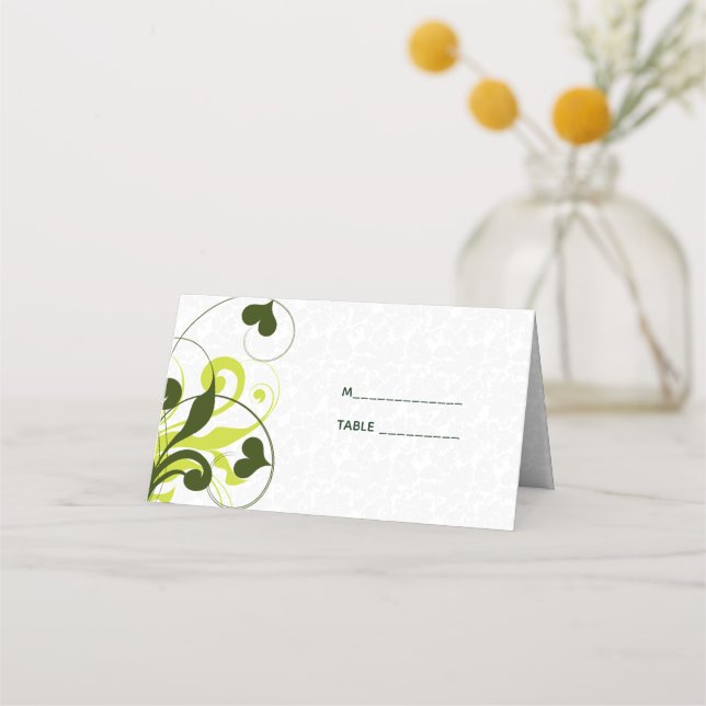 White Damask Pattern And Green Swirls Place Card (Front)