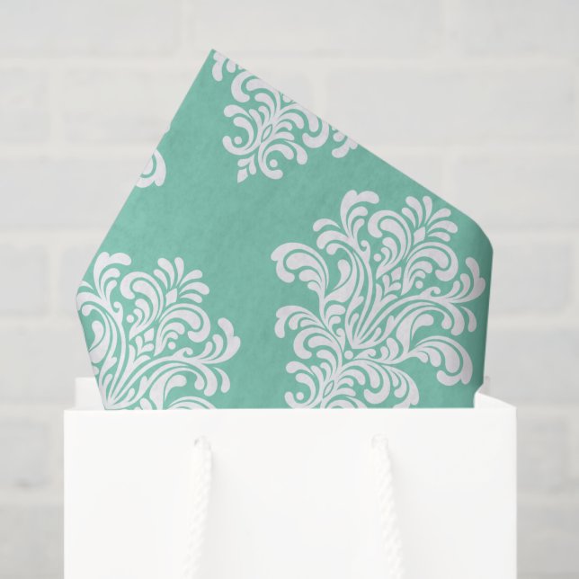 White Damask Pattern on Aqua Tissue Paper (Gift Bag)