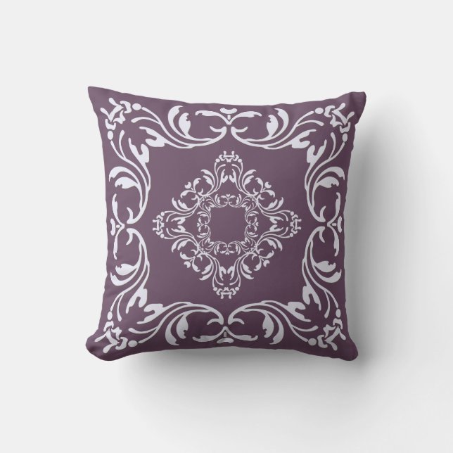 White damask pattern | Plain lavender background Cushion (Front)