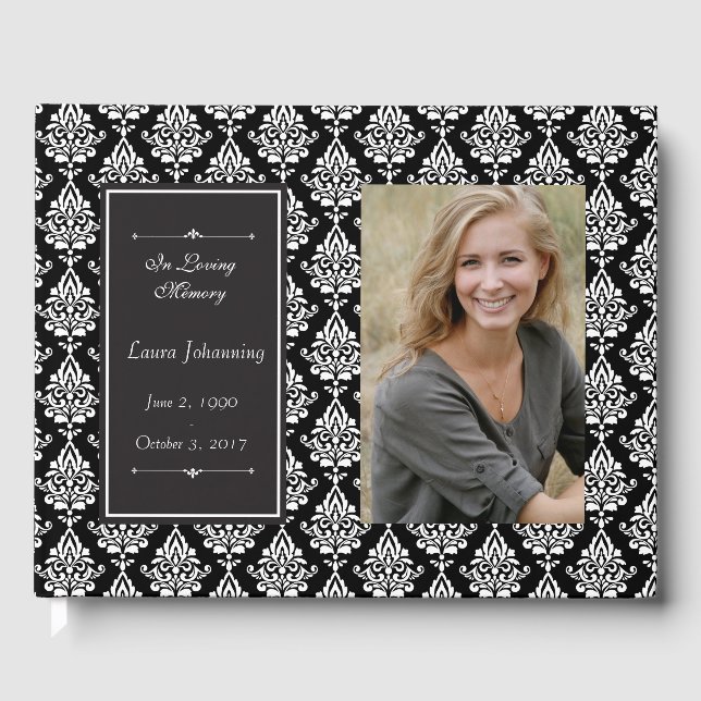 White Damask Photo Funeral Guest Book (Front)