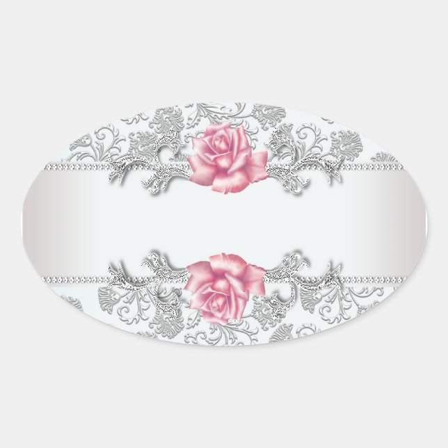 White Damask Pink Rose Envelope Seal Sticker Label (Front)