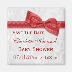 White Damask & Red Bow Baby Shower Save The Date Magnet