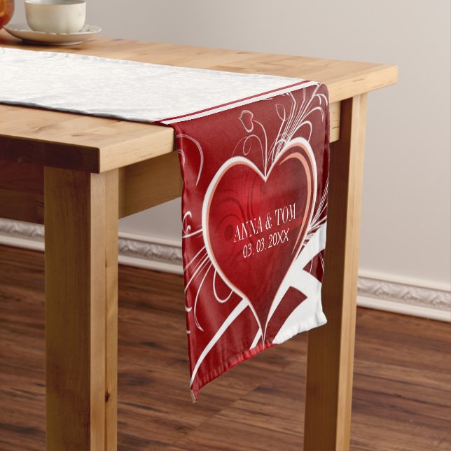 White Damask Red Hearts Short Table Runner (In Situ)