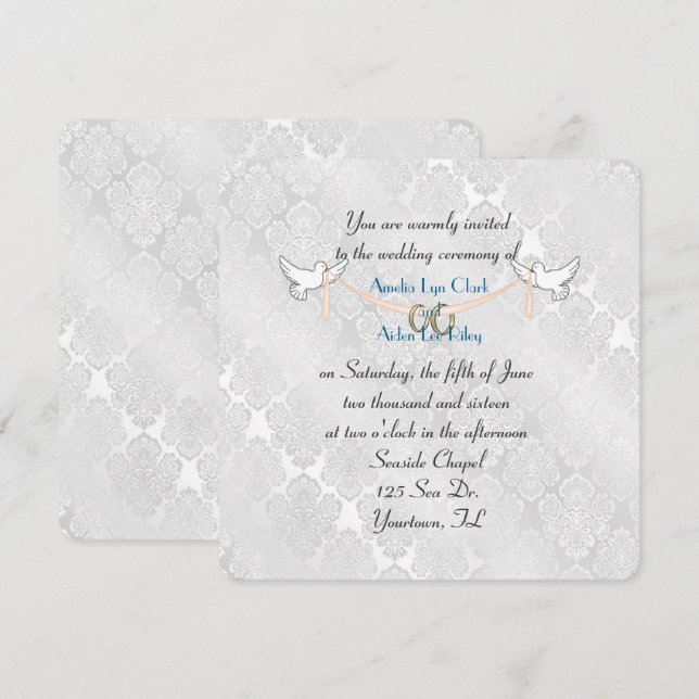 White Damask Shimmer Wedding Invitation (Front/Back)