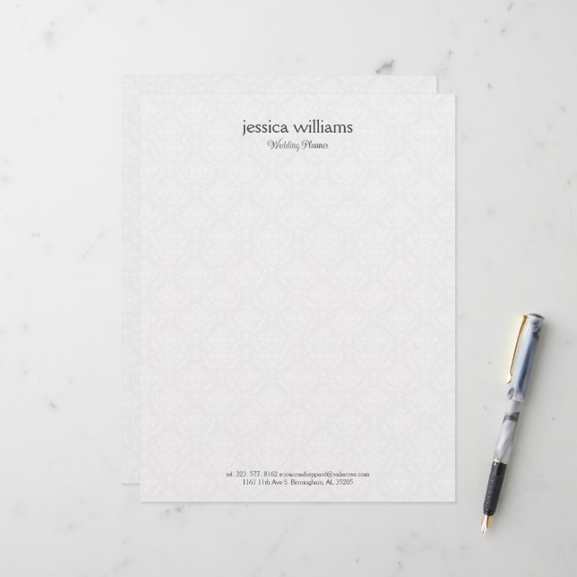 White Damasks Background Personalised Grey Text Custom Letterhead (Front/Back In Situ)