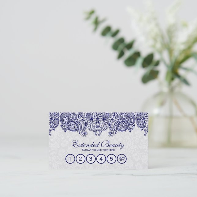 White  Damasks & Blue Floral Lace Loyalty Card (Standing Front)