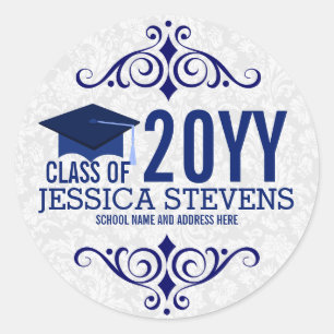 White Damasks & Blue Graduation Hat 2 Classic Round Sticker