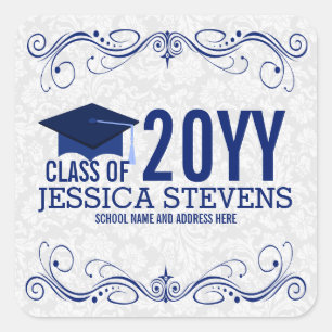 White Damasks & Blue Graduation Hat Square Sticker