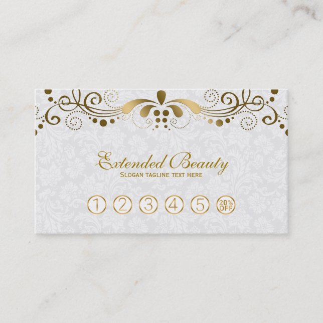 White  Damasks & Gold Floral Lace Loyalty Card (Front)