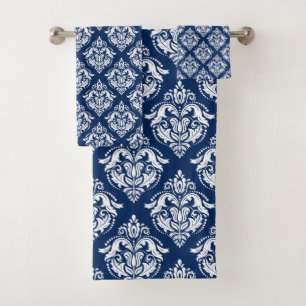 White Damasks Pattern Custom Navy-Blue Background Bath Towel Set