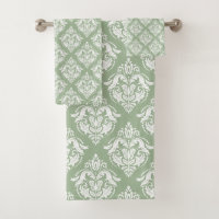 White Damasks Pattern Custom Sage Green Background