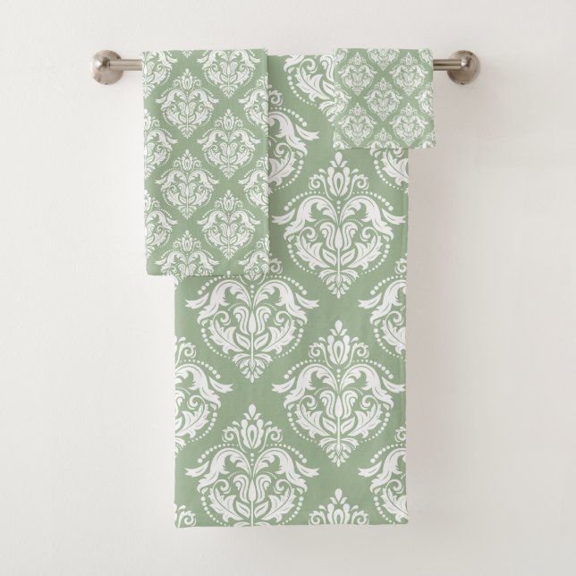 White Damasks Pattern Custom Sage Green Background Bath Towel Set (Insitu)