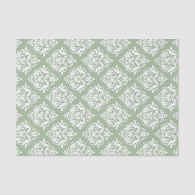 White Damasks Pattern Custom Sage Green Background Tissue Paper (Front)