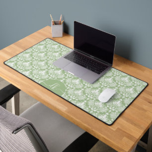 White damasks pattern on sage green monogram desk mat