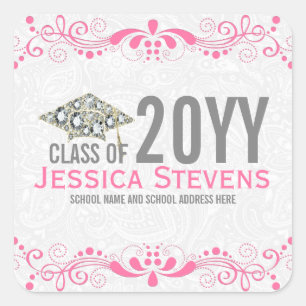 White Damasks Pink Lace & Diamonds Grad 2015 Hat Square Sticker