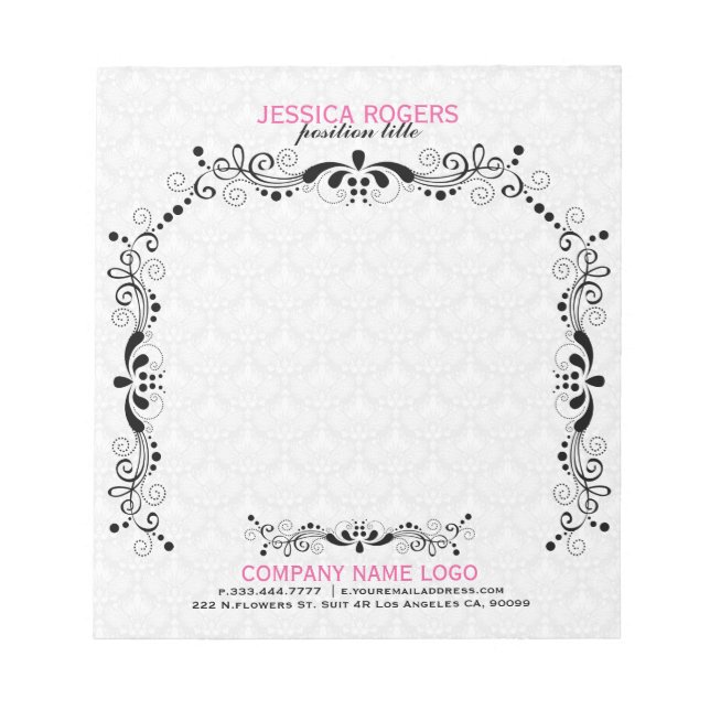 White Damasks With Black Floral Lace Frame Notepad (Front)