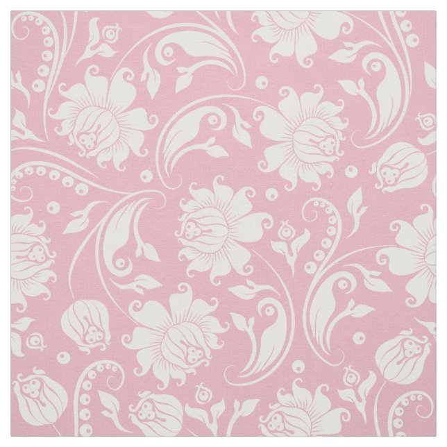 White Damasks With Custom Pastel Pink Background Fabric (Swatch)