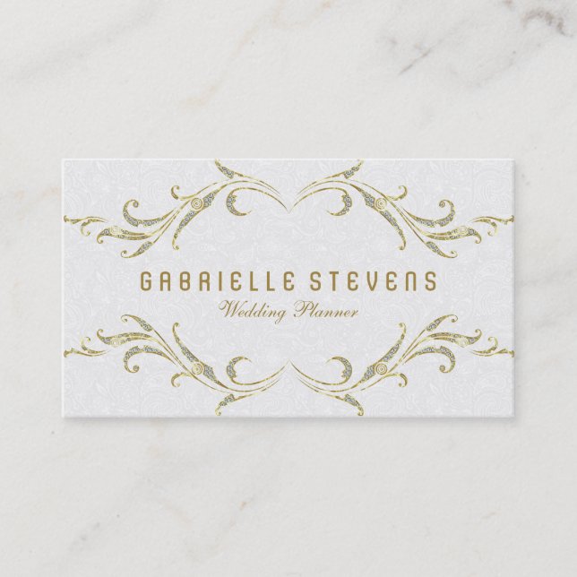 White Damasks With Glitter Floral Frame Business Card (Front)