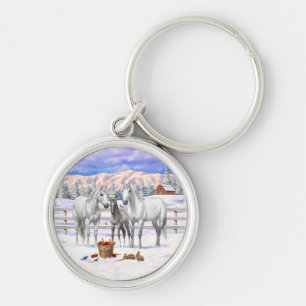 White Dapple Grey Quarter Horses On A Farm In Snow Key Ring