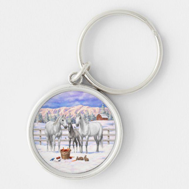 White Dapple Grey Quarter Horses On A Farm In Snow Key Ring (Front)